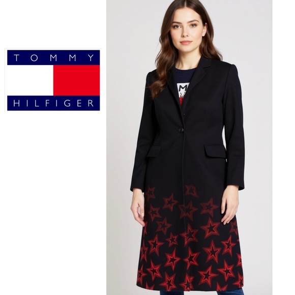 Tommy Hilfiger Norma Jacquard Blue Red Stars Wool Blend Long Coat Size 10 NWT - Picture 1 of 15